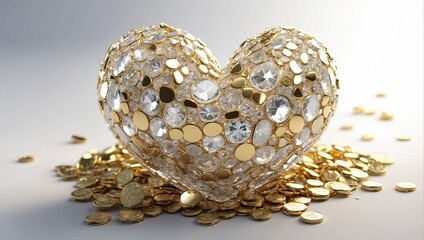 Glass Heart with golden coins, love and money