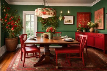 Envision a cozy dining area accented by red and green walls, a hardwood floor, and a charming rug. The wooden table set adorned with fresh flowers creates an inviting atmosphere, illuminated perfectly