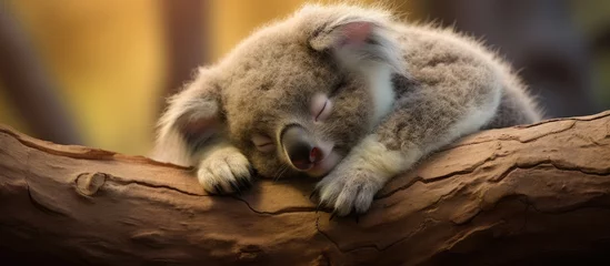 Schilderijen op glas Koala infant cuddling while dozing on a tree limb. © TheWaterMeloonProjec