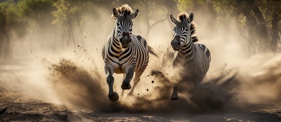 A frustrated zebra kicks another in a dusty section of Kanana, Okavango Delta, Botswana. - obrazy, fototapety, plakaty