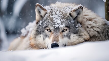 Fototapeta premium A close-up of a sleeping alaskan tundra wolf in hokkaido, japan with snow covering its body.