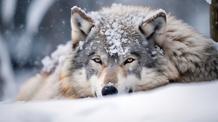 A close-up of a sleeping alaskan tundra wolf in hokkaido, japan with snow covering its body.