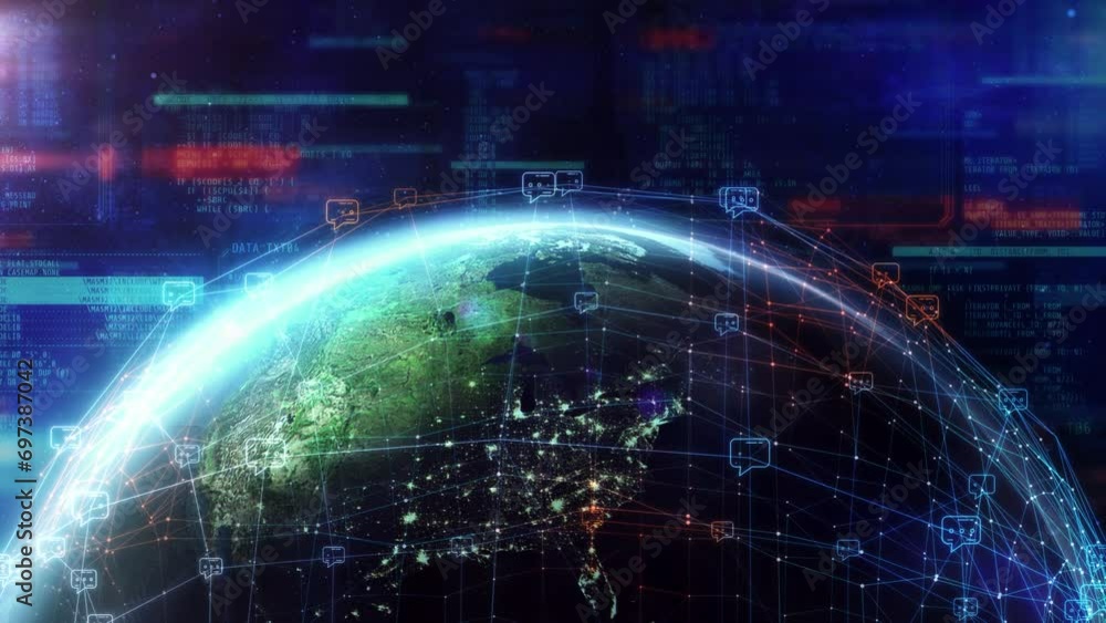 Poster a social network entangling the planet against a backdrop of data.