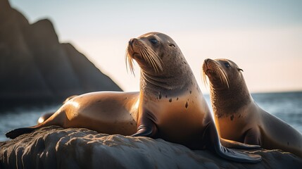 A close-up view of a group of sea lions lying on rocks.
