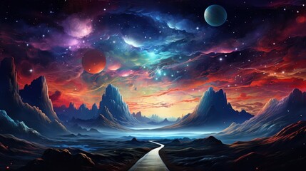  a painting of a road going through a mountain valley under a colorful sky with stars and planets in the sky.