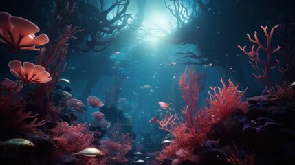  an underwater scene of corals and seaweed in a dark blue sea with a light at the end of the tunnel.