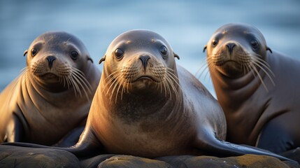 A close-up view of a group of sea lions lying on rocks.