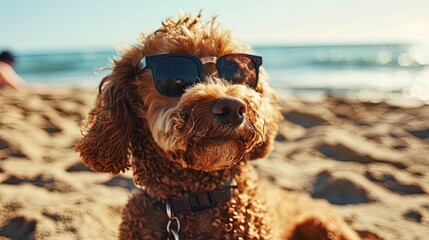 Comical dog wearing sunglasses on a sunny beach. The whimsical canine enjoys the coastal atmosphere, bringing joy and laughter to the seaside