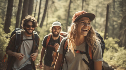 Fototapeta premium Group of friends hiking together outdoors exploring the wilderness 
