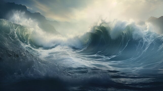  a painting of a large wave in the ocean with a sun shining through the clouds over the top of it.