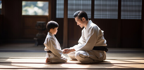 a father teaching martial arts to his son - obrazy, fototapety, plakaty