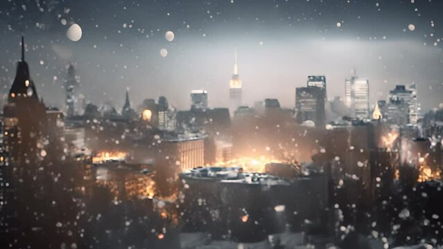 Snow falling landscape, defocused lights evening wintry city and snowfall. Seamless loop motion background. 4k copy space