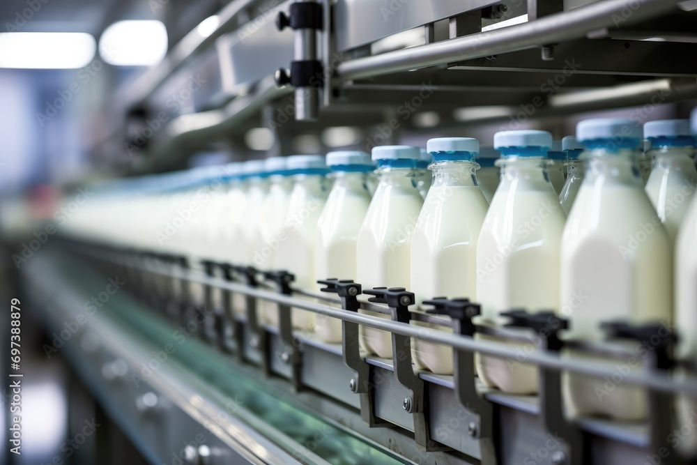 Poster milk factory. robotic factory line for processing and bottling of milk.