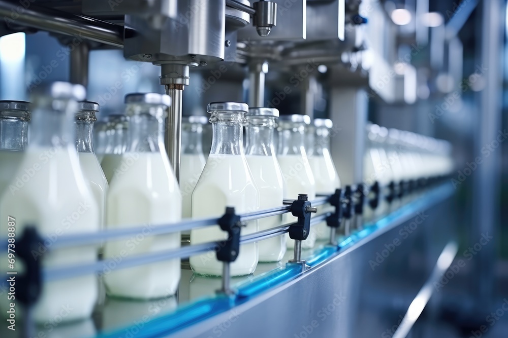 Poster milk factory. robotic factory line for processing and bottling of milk.