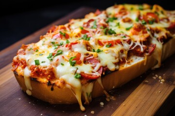 Baked Baguette. French bread pizza on a wooden cutting board