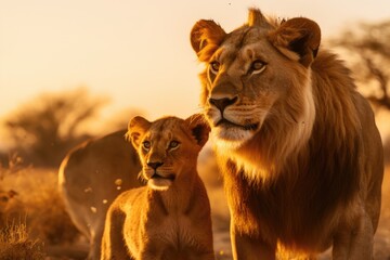 A family of lions in the African savanna at sunset.