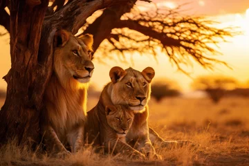 Foto op Plexiglas A family of lions in the African savanna at sunset. © Lubos Chlubny