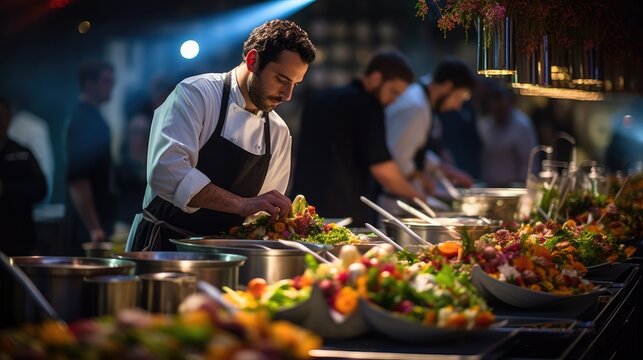 A bustling catering event, with chefs preparing exquisite dishes in an open kitchen. Catering buffet food indoor in restaurant