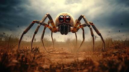 Giant spider walks on dry grass field. Postproducted generative AI illustration.
