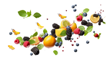 different fruits flying isolated on transparent background