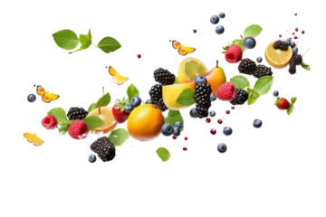 Foto auf Acrylglas different fruits flying isolated on transparent background © dobok