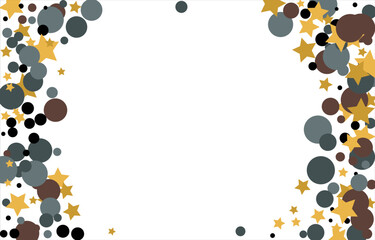 Gold, blue, brown, black confetti with circles and stars. Cosmic shine. Christmas abstract pattern. Beautiful illustration for postcard, banner, web. Background for the image. Vector illustration