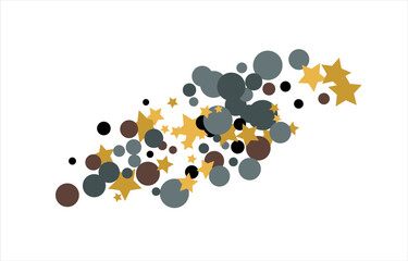 Gold, blue, brown, black confetti with circles and stars. Cosmic shine. Christmas abstract pattern. Beautiful illustration for postcard, banner, web. Background for the image. Vector illustration