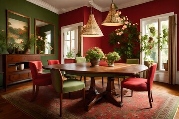 Fototapeta na wymiar Picture a delightful dining room featuring harmonious red and green walls, a hardwood floor, and a cozy rug. The wooden table set adorned with fresh flowers basks in perfect lighting