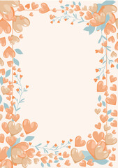 Frame with hearts in peach color, frame design for Valentine's Day, wedding, vector illustration. Sentimental design, Love theme, Romantic 