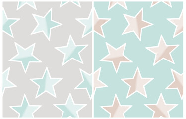 Simple Seamless Vector Pattern with Stars. Cute Starry Print for Fabric,Textile,Wrapping Paper. White-Beige and White-Blue Stars Isolated on a Light Gray and Pastel Blue Background. RGB.