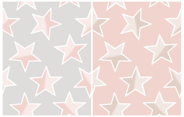 Simple Seamless Vector Pattern with Stars. Cute Starry Print for Fabric,Textile,Wrapping Paper. White-Beige and White-Pink Stars Isolated on a Light Gray and Pastel Pink Background. RGB.