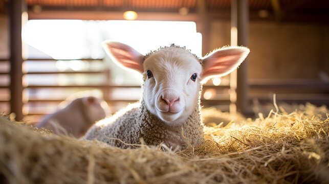 A lovable lamb staring at the front in a cattle barn is depicted in this portrait.