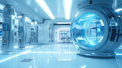 wide angle cinematic scene with the interior of futuristic laboratory
