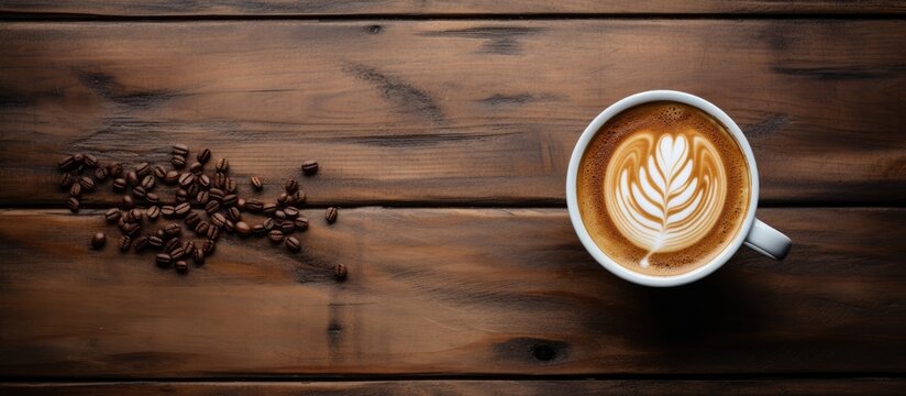 Takeaway coffee with latte art on a wooden table from an aerial perspective. Street coffee.
