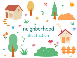 Neighborhood illustration with houses, trees, flowers and plants in a village. Cute doodle for children in flat style design.