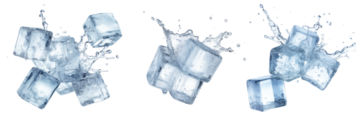 Set of different ice cubes on a transparent background. Ice cubes melt and water scatters from them in different directions. The concept of preparing an alcoholic cocktail, or seasoning for drinks.