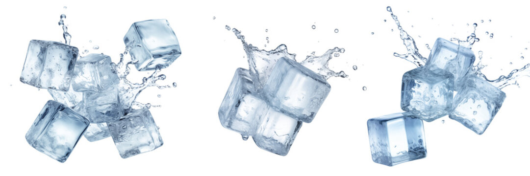 Set of different ice cubes on a transparent background. Ice cubes melt and water scatters from them in different directions. The concept of preparing an alcoholic cocktail, or seasoning for drinks.