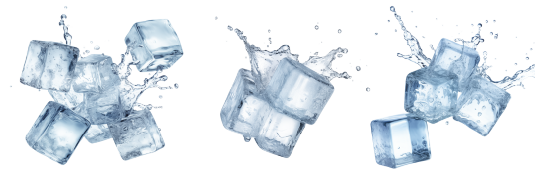 Set of different ice cubes on a transparent background. Ice cubes melt and water scatters from them in different directions. The concept of preparing an alcoholic cocktail, or seasoning for drinks.