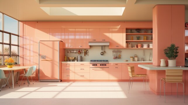 A kitchen, peach fuzz color, orange and pink shades