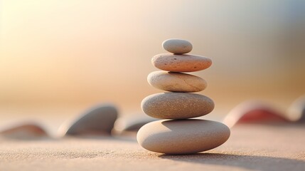Balance is represented by structural zen stones in sand with an artistic background.