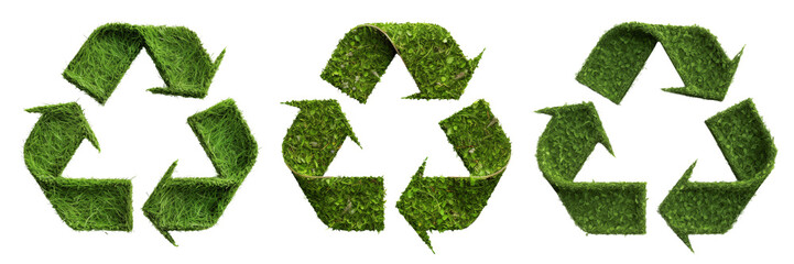 Set of recycling symbols made from grass texture cut out on a transparent background. Concept for...