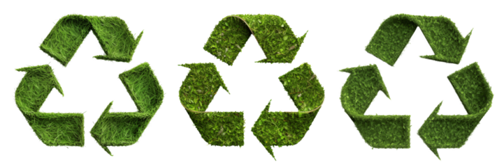 Set of recycling symbols made from grass texture cut out on a transparent background. Concept for recycling bottles or clothes. Design element on ecology theme