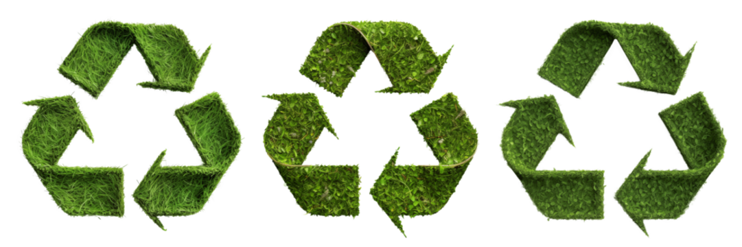 Set of recycling symbols made from grass texture cut out on a transparent background. Concept for recycling bottles or clothes. Design element on ecology theme