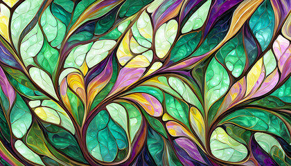 flowing leafy pattern with marbled stained glass texture  - obrazy, fototapety, plakaty