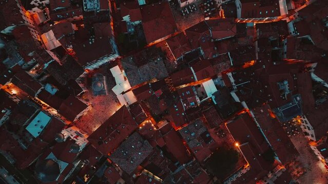 Fly over the evening Kotor city, aerial view,Montenegro