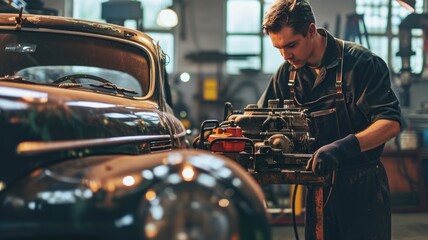 Mechanic working on a vintage car's engine in a garage