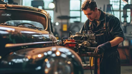 Zelfklevend Fotobehang Mechanic working on a vintage car's engine in a garage © Artyom