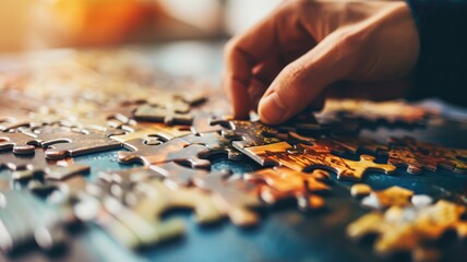 Hand completing a colorful jigsaw puzzle - obrazy, fototapety, plakaty