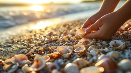 Hands collecting seashells on a sandy beach at sunset