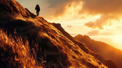 Naklejka premium Hiker on a mountain path during a golden sunrise